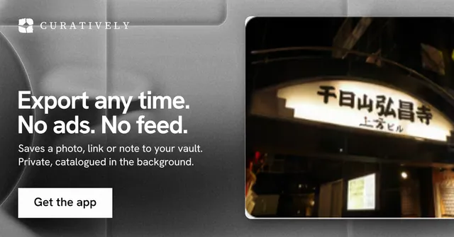 Social ad for Curatively: "Export any time. No ads. No feed." Swiss style, bottom layout, dark palette in black, grey.
