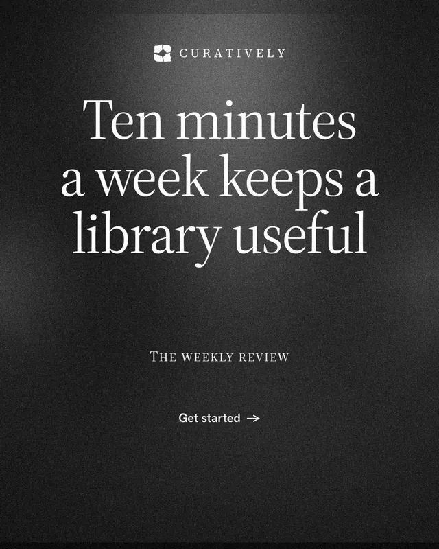 Instagram portrait post for Curatively: "Ten minutes a week keeps a library useful". Dark deco style, smallcaps layout, dark palette in black, grey.
