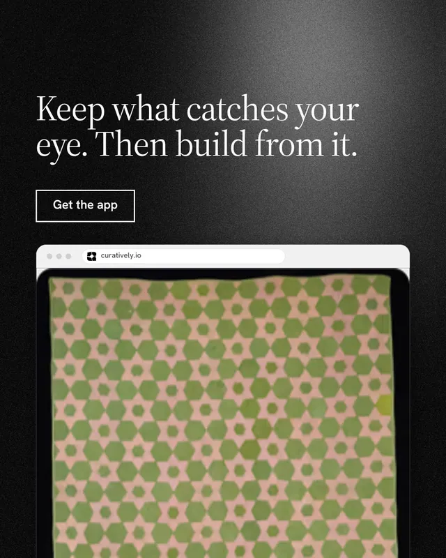 Instagram portrait post for Curatively: "Keep what catches your eye. Then build from it." Dark deco style, browser layout, dark palette in black, grey, yellow.