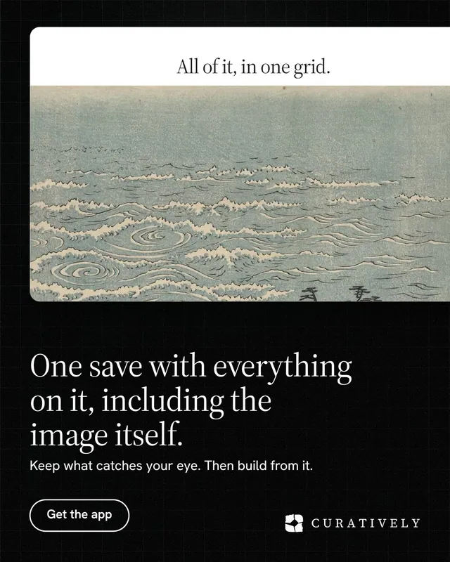 Instagram portrait post for Curatively: "One save with everything on it, including the image itself." Phosphor atlas style, bottom layout, dark palette in grey, black.