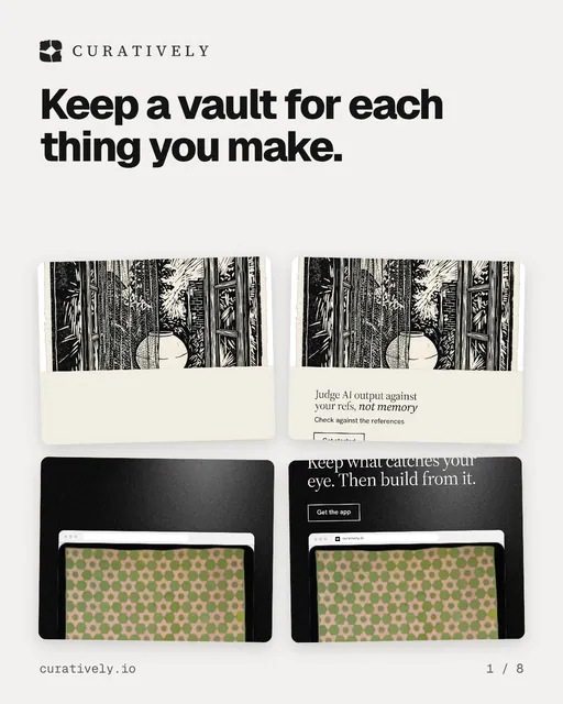 Carousel for Curatively: "Keep a vault for each thing you make.". Collection carousel, 8 slides, light palette.