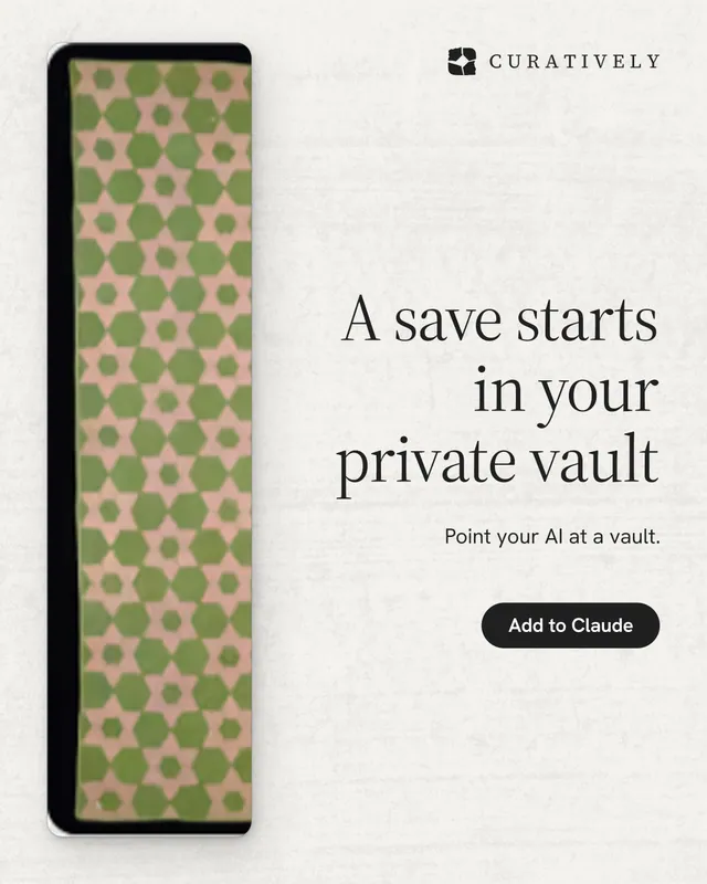 Instagram portrait post for Curatively: "A save starts in your private vault". Data card style, right layout, light palette in white, grey.
