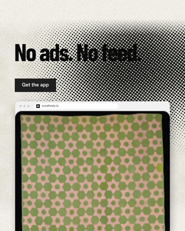 Instagram portrait post for Curatively: "No ads. No feed." Ink sticker style, browser layout, light palette in yellow, orange, grey.