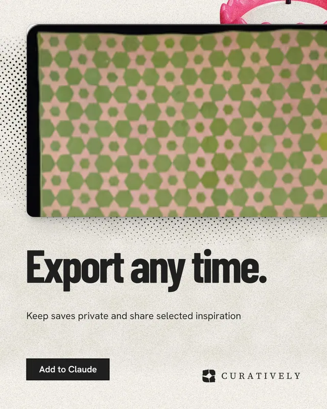 Instagram portrait post for Curatively: "Export any time." Ink sticker style, bottom layout, light palette in yellow, white.