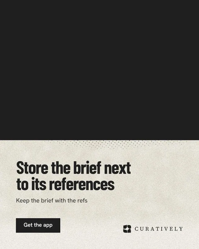 Instagram portrait post for Curatively: "Store the brief next to its references". Ink sticker style, bottom layout, dark palette in black, yellow.