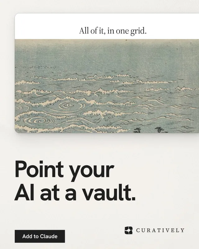 Instagram portrait post for Curatively: "Point your AI at a vault." Swiss style, bottom layout, light palette in grey, white.
