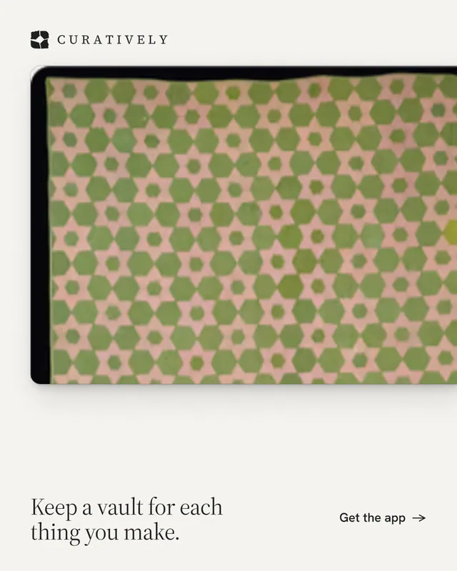 Instagram portrait post for Curatively: "Keep a vault for each thing you make." Data card style, image led layout, light palette in white, yellow.