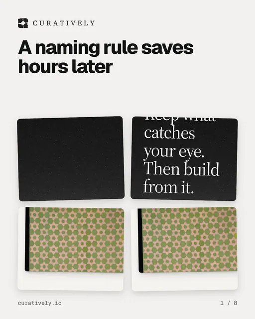 Carousel for Curatively: "A naming rule saves hours later". Collection carousel, 8 slides, light palette.