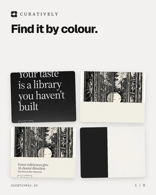 Carousel for Curatively: "Find it by colour.". Collection carousel, 8 slides, light palette.