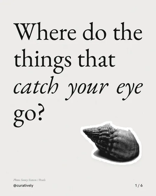 Carousel for Curatively: "Where do the things that catch your eye go?". Cutout essay, 6 slides, light palette.