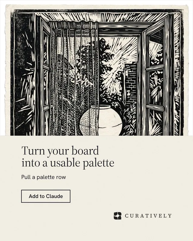 Instagram portrait post for Curatively: "Turn your board into a usable palette". Editorial style, bottom layout, light palette in yellow, black, grey.