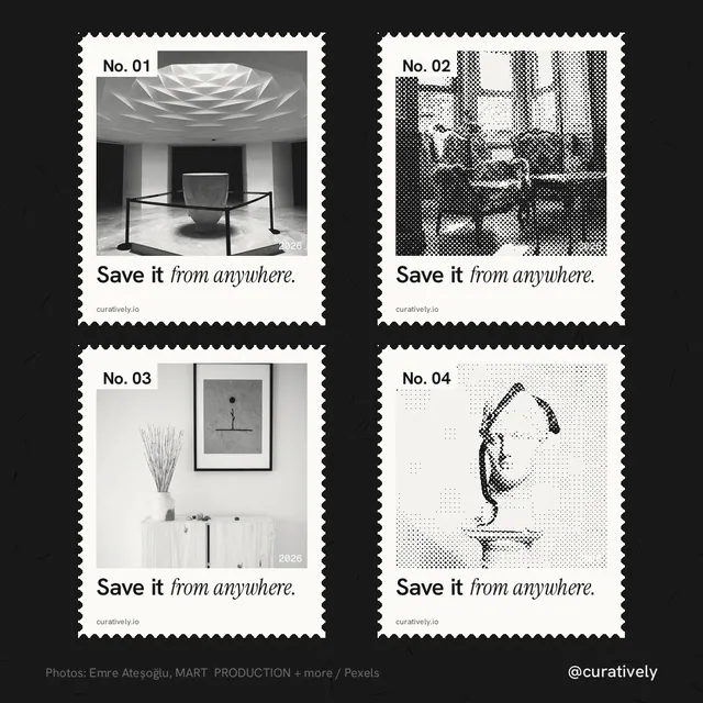 Instagram post for Curatively: "Save it from anywhere." Sheet style, technique:stamp series layout, light palette in black, white, grey.