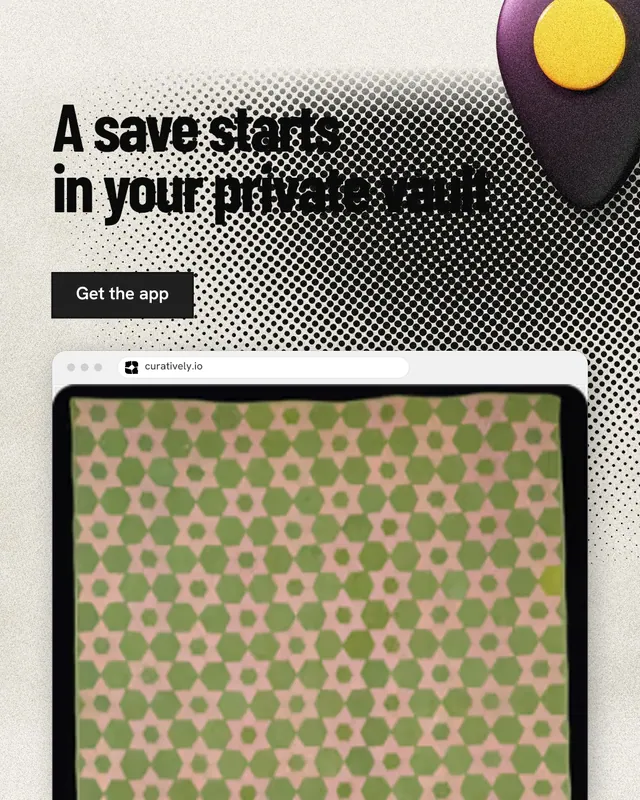 Instagram portrait post for Curatively: "A save starts in your private vault". Ink sticker style, browser layout, light palette in grey, orange, black.