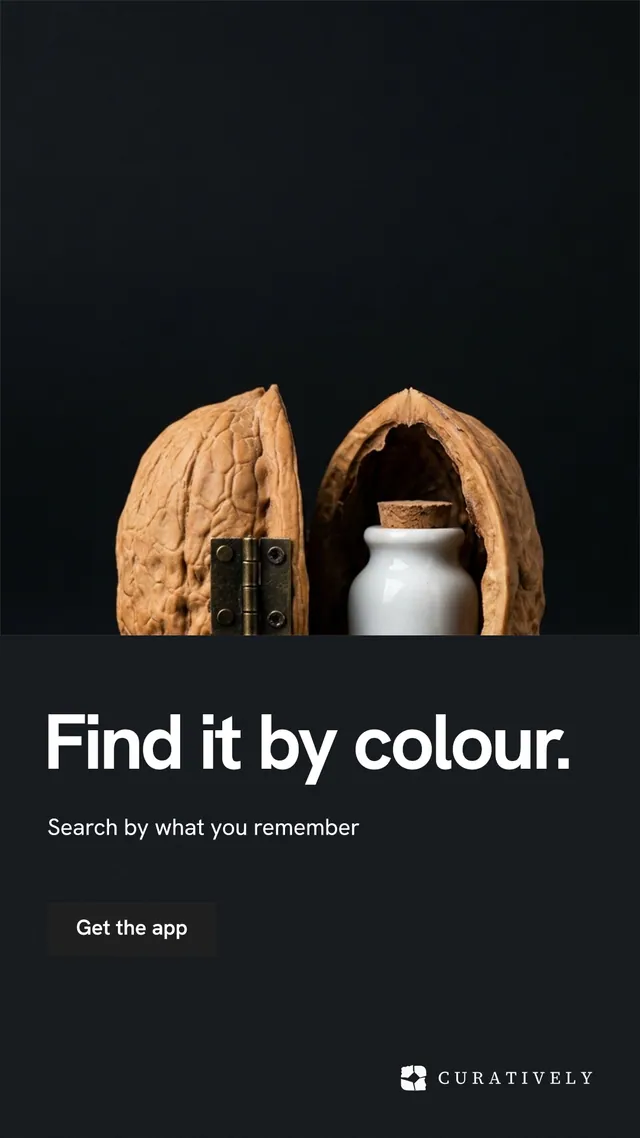 Instagram story for Curatively: "Find it by colour." Swiss style, bottom layout, dark palette in black, grey.