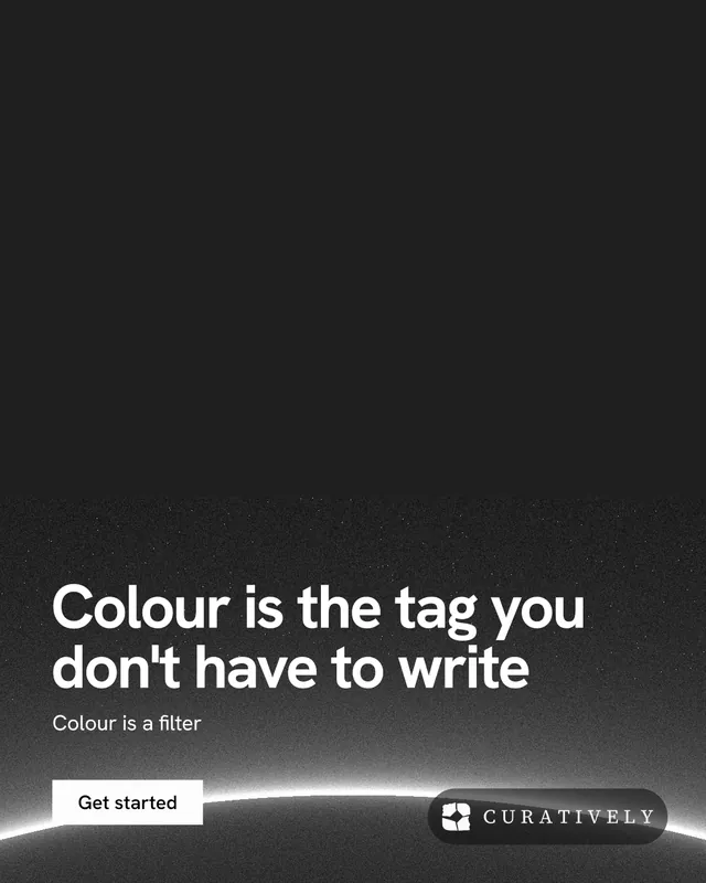 Instagram portrait post for Curatively: "Colour is the tag you don't have to write". Swiss style, bottom layout, dark palette in black, grey.