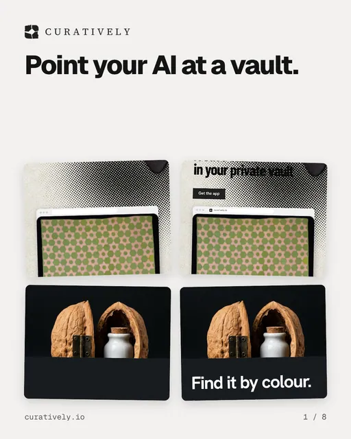 Carousel for Curatively: "Point your AI at a vault.". Collection carousel, 8 slides, light palette.
