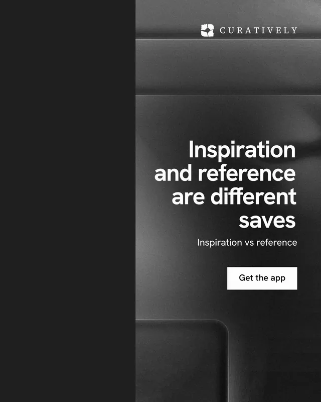 Instagram portrait post for Curatively: "Inspiration and reference are different saves". Swiss style, right layout, dark palette in black, grey.