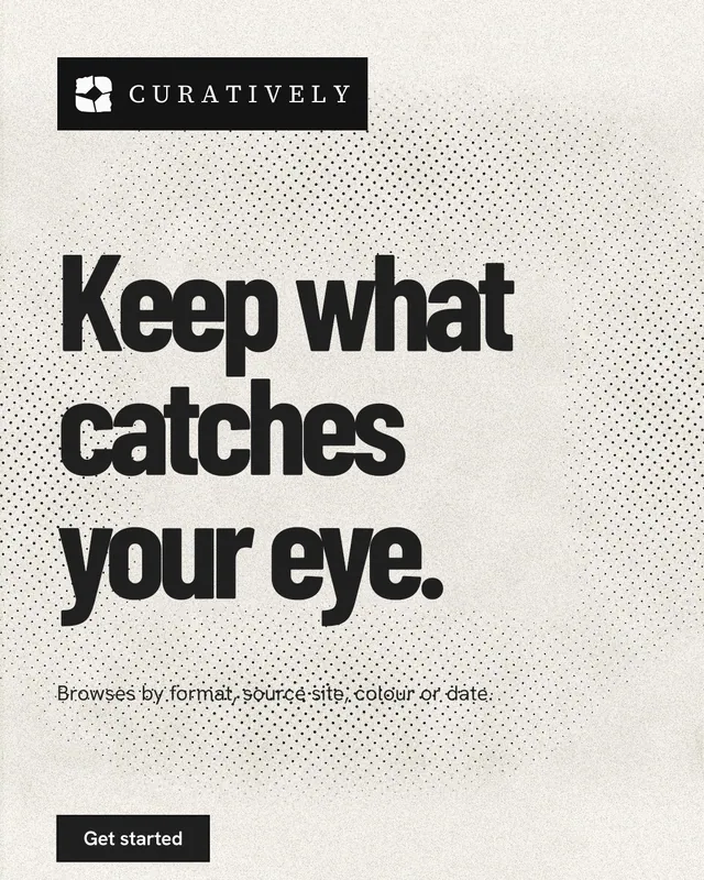 Instagram portrait post for Curatively: "Keep what catches your eye." Ink sticker style, announce layout, light palette in white, grey, yellow.
