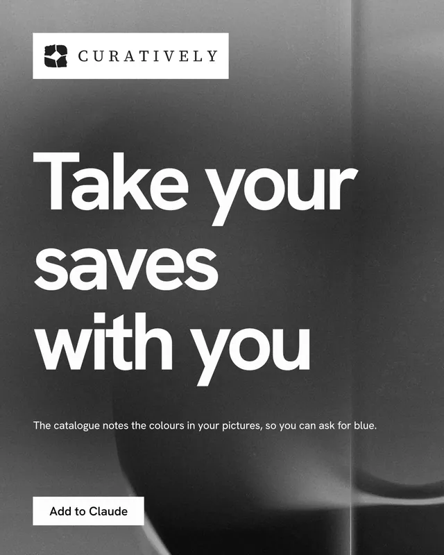 Instagram portrait post for Curatively: "Take your saves with you". Swiss style, announce layout, dark palette in grey, black, white.