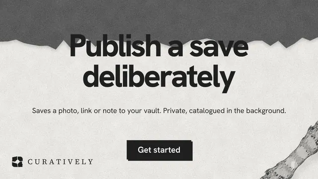Landscape graphic for Curatively: "Publish a save deliberately". Paper trio style, centred layout, light palette in grey, white.