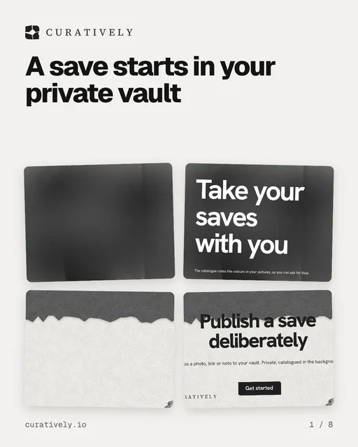 Carousel for Curatively: "A save starts in your private vault". Collection carousel, 8 slides, light palette.