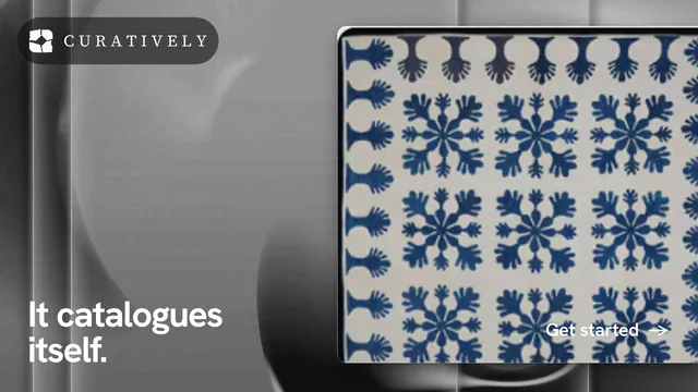 Landscape graphic for Curatively: "It catalogues itself." Swiss style, image led layout, light palette in grey, black.