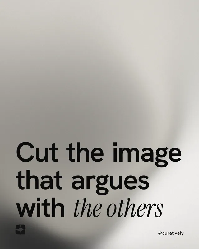 Instagram portrait post for Curatively: "Cut the image that argues with the others". Auto 4x5 style, technique:shader field layout, light palette in grey, white.