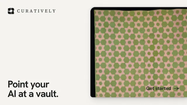 Landscape graphic for Curatively: "Point your AI at a vault." Swiss style, image led layout, light palette in white, orange, yellow.