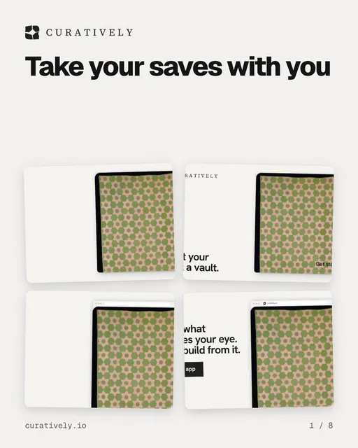 Carousel for Curatively: "Take your saves with you". Collection carousel, 8 slides, light palette.