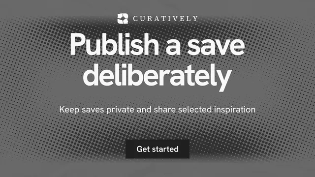 Landscape graphic for Curatively: "Publish a save deliberately". Swiss style, centred layout, dark palette in grey.