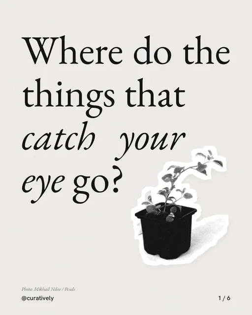 Carousel for Curatively: "Where do the things that catch your eye go?". Cutout essay, 6 slides, light palette.