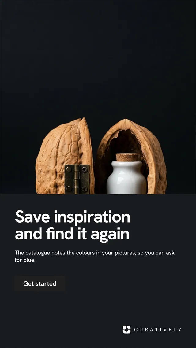 Instagram story for Curatively: "Save inspiration and find it again". Swiss style, bottom layout, dark palette in black, grey.
