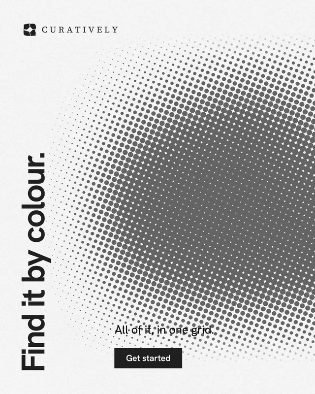 Instagram portrait post for Curatively: "Find it by colour." Swiss style, vertical layout, light palette in grey, white.