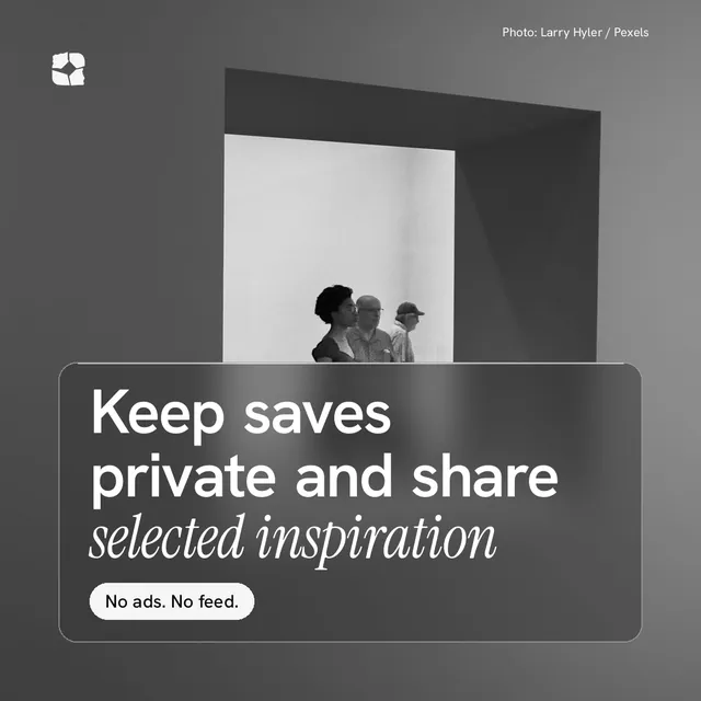 Instagram post for Curatively: "Keep saves private and share selected inspiration". Glass style, technique:pexels ingredient layout, dark palette in grey, black.