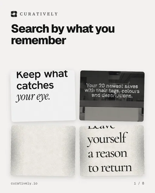 Carousel for Curatively: "Search by what you remember". Collection carousel, 8 slides, light palette.