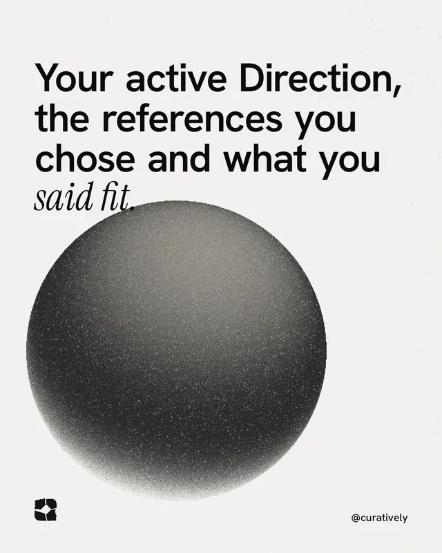 Instagram portrait post for Curatively: "Your active Direction, the references you chose and what you said fit." Auto 4x5 style, technique:shader field layout, light palette in white, grey.