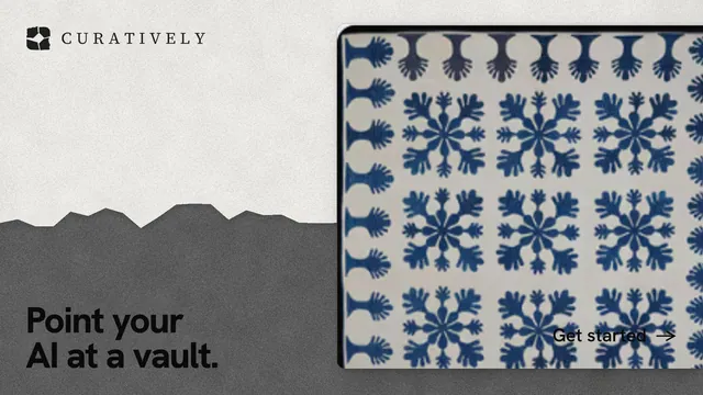 Landscape graphic for Curatively: "Point your AI at a vault." Paper trio style, image led layout, light palette in white, grey.