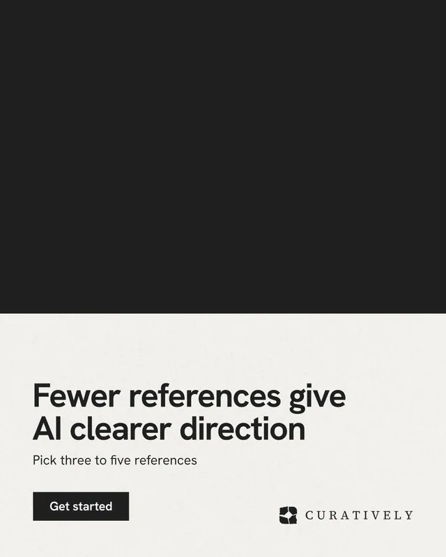 Instagram portrait post for Curatively: "Fewer references give AI clearer direction". Swiss style, bottom layout, light palette in black, white.