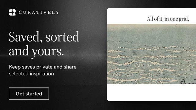 Landscape graphic for Curatively: "Saved, sorted and yours." Dark deco style, bottom layout, dark palette in grey, black, white.