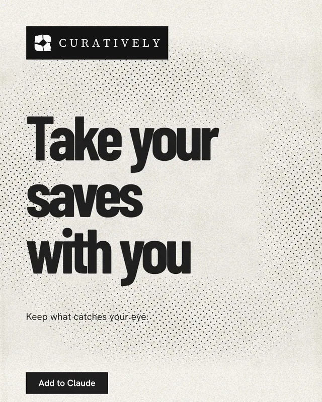 Instagram portrait post for Curatively: "Take your saves with you". Ink sticker style, announce layout, light palette in white, yellow, grey.