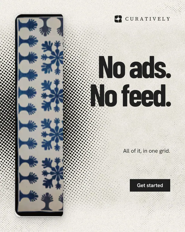 Instagram portrait post for Curatively: "No ads. No feed." Ink sticker style, right layout, light palette in white, grey, yellow.