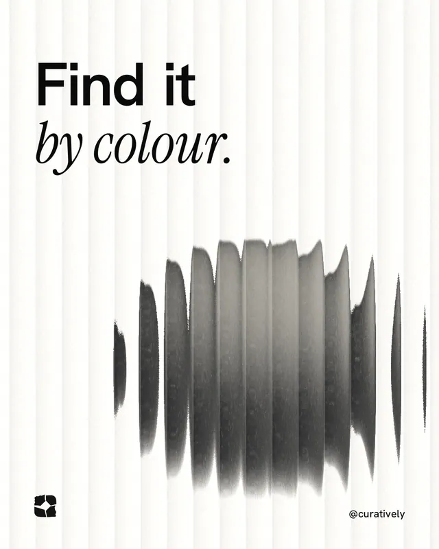 Instagram portrait post for Curatively: "Find it by colour." Auto 4x5 style, technique:shader field layout, light palette in white, grey.
