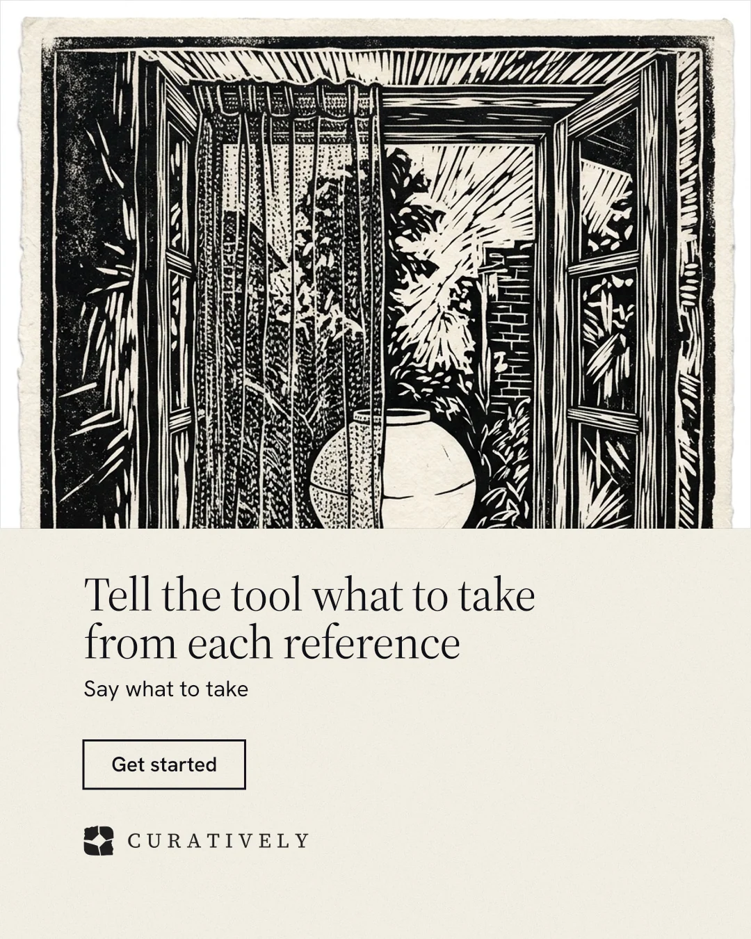 Instagram portrait post for Curatively: "Tell the tool what to take from each reference". Editorial style, bottom layout, light palette in yellow, black, grey.