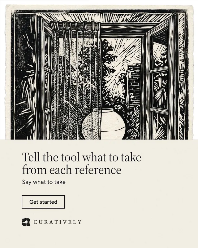 Instagram portrait post for Curatively: "Tell the tool what to take from each reference". Editorial style, bottom layout, light palette in yellow, black, grey.