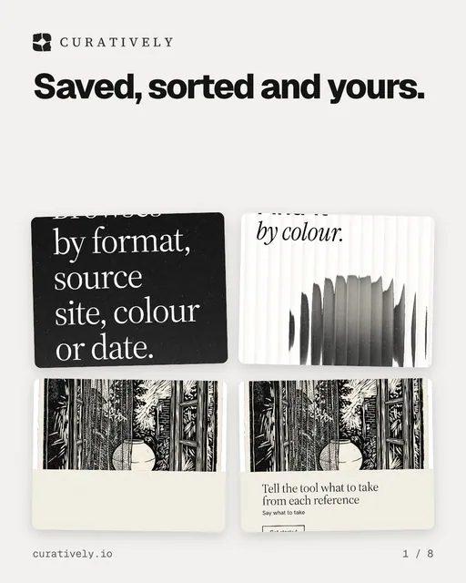 Carousel for Curatively: "Saved, sorted and yours.". Collection carousel, 8 slides, light palette.