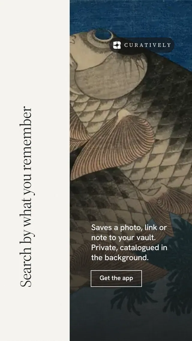 Instagram story for Curatively: "Search by what you remember". Editorial style, vertical layout, light palette in white, black, grey.