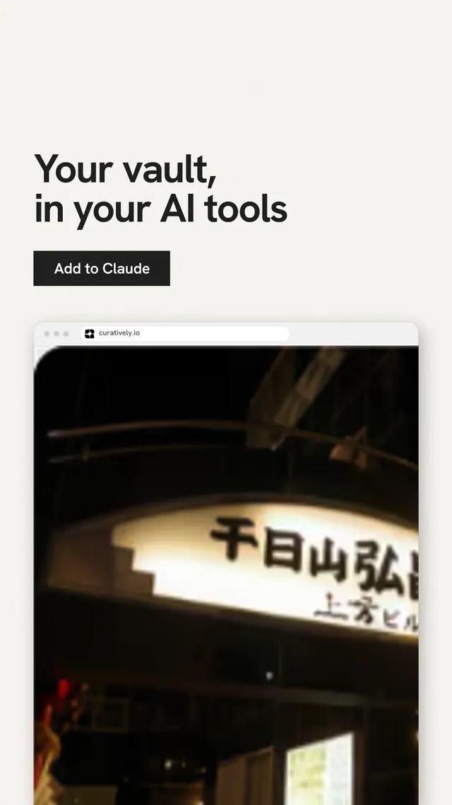Instagram story for Curatively: "Your vault, in your AI tools". Swiss style, browser layout, light palette in white, black, yellow.
