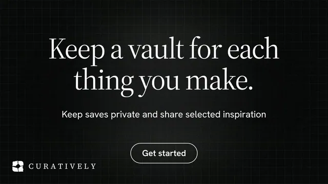Landscape graphic for Curatively: "Keep a vault for each thing you make." Phosphor atlas style, centred layout, dark palette in black.