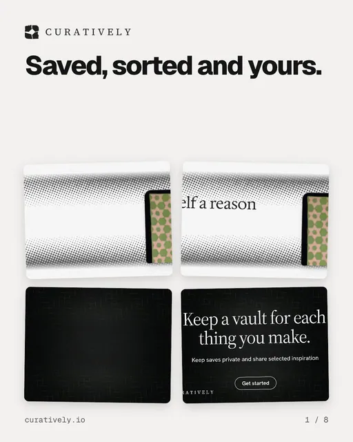 Carousel for Curatively: "Saved, sorted and yours.". Collection carousel, 8 slides, light palette.