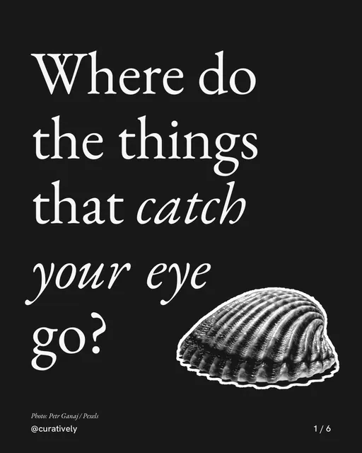 Carousel for Curatively: "Where do the things that catch your eye go?". Cutout essay, 6 slides, dark palette.